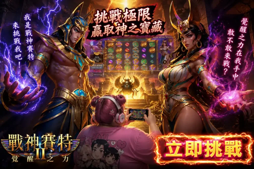 戰神賽特2覺醒之力怎麼觸發主視覺，男女賽特展現覺醒力量，搭配手機遊戲畫面與立即挑戰情境