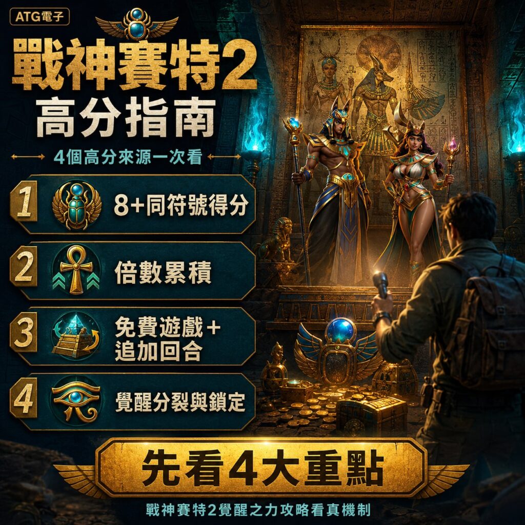 戰神賽特2高分指南四大重點圖，整理8+符號得分、倍率累積、免費遊戲與覺醒機制