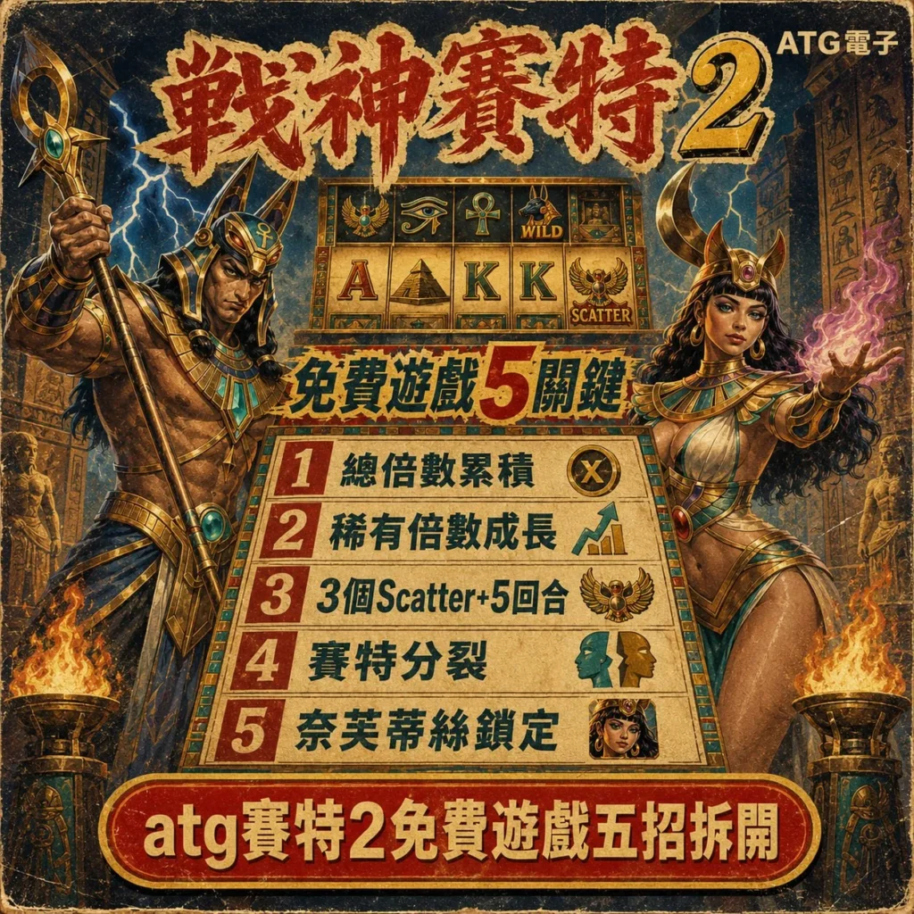 戰神賽特2購買免遊攻略圖，整理總倍數累積、稀有倍數成長、Scatter增加回合、賽特分裂與奈芙蒂絲鎖定5大關鍵。